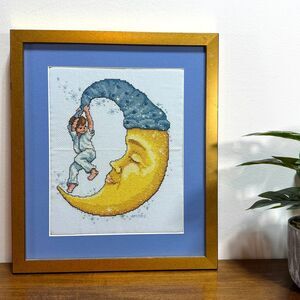 Completed Cross Stitch Fairy Sleeping Moon Framed Art 12x14 Needlepoint Boy